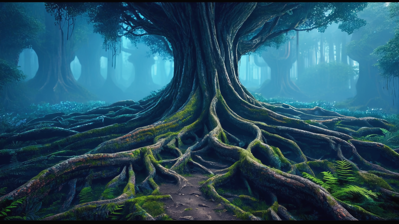 árbol antiguo con raíces entrelazadas, majestuoso, mágico…